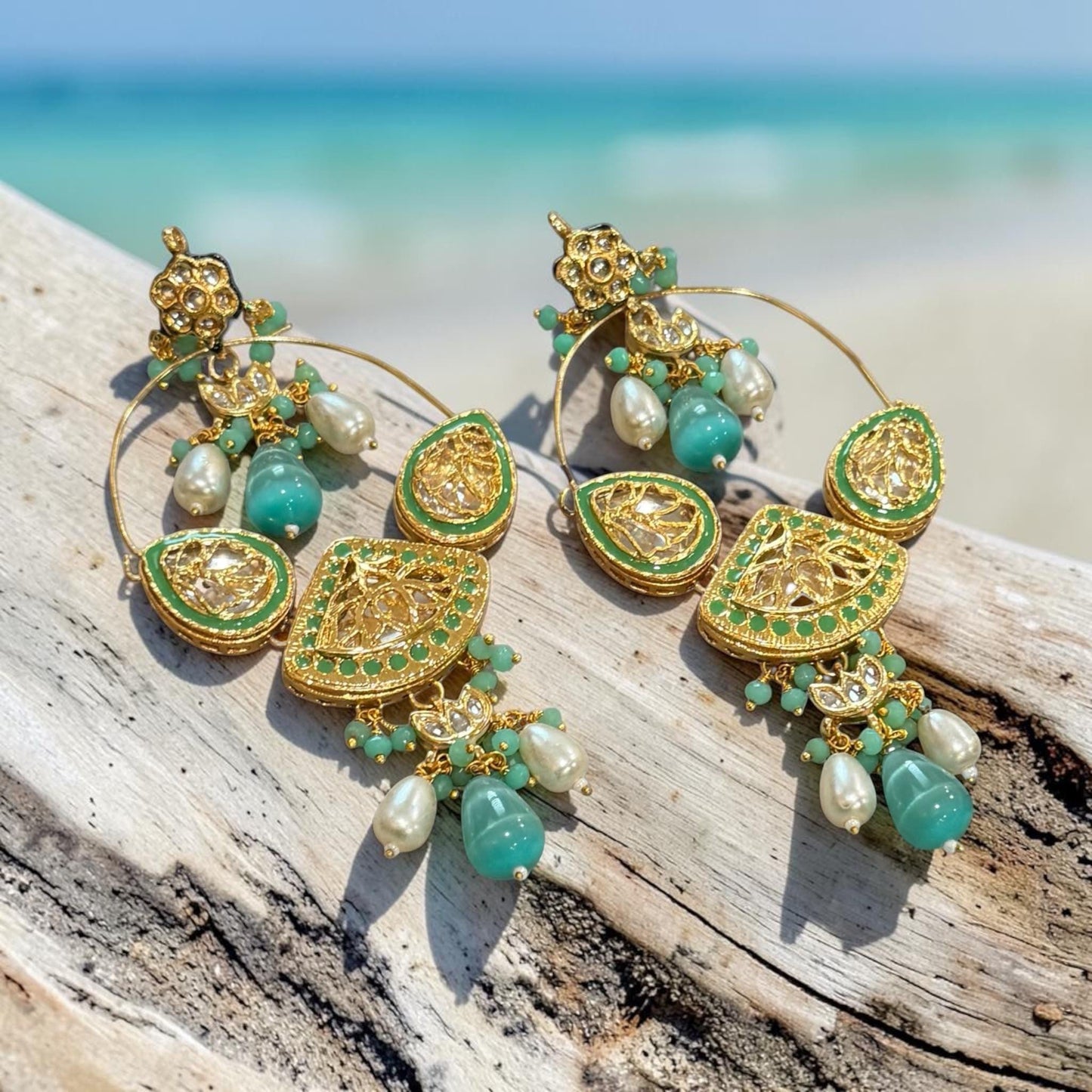 Gold Plated Monzonite Stone Hoop Earrings Available in Turquoise Blue and Mint Green