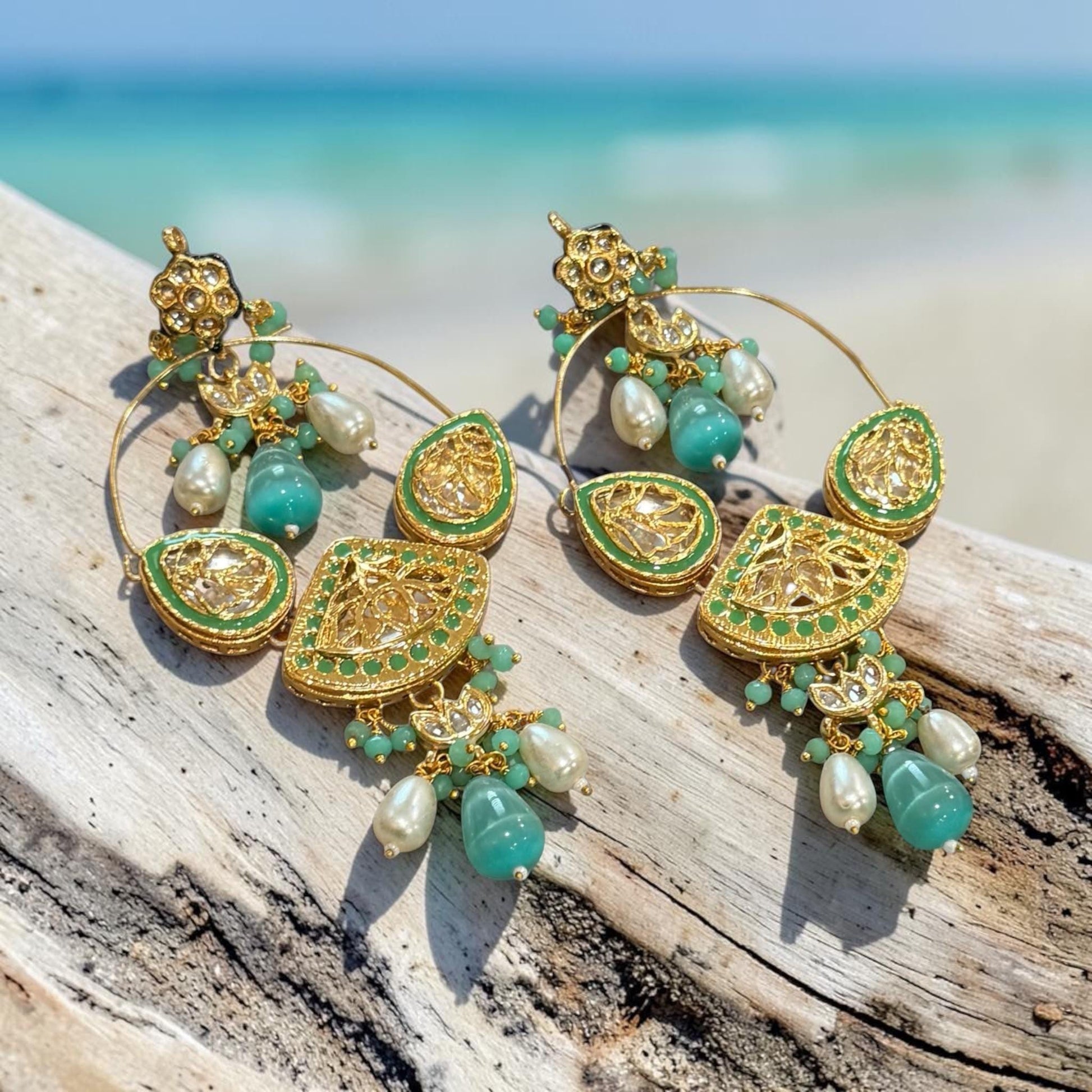 Gold Plated Monzonite Stone Hoop Earrings Available in Turquoise Blue and Mint Green