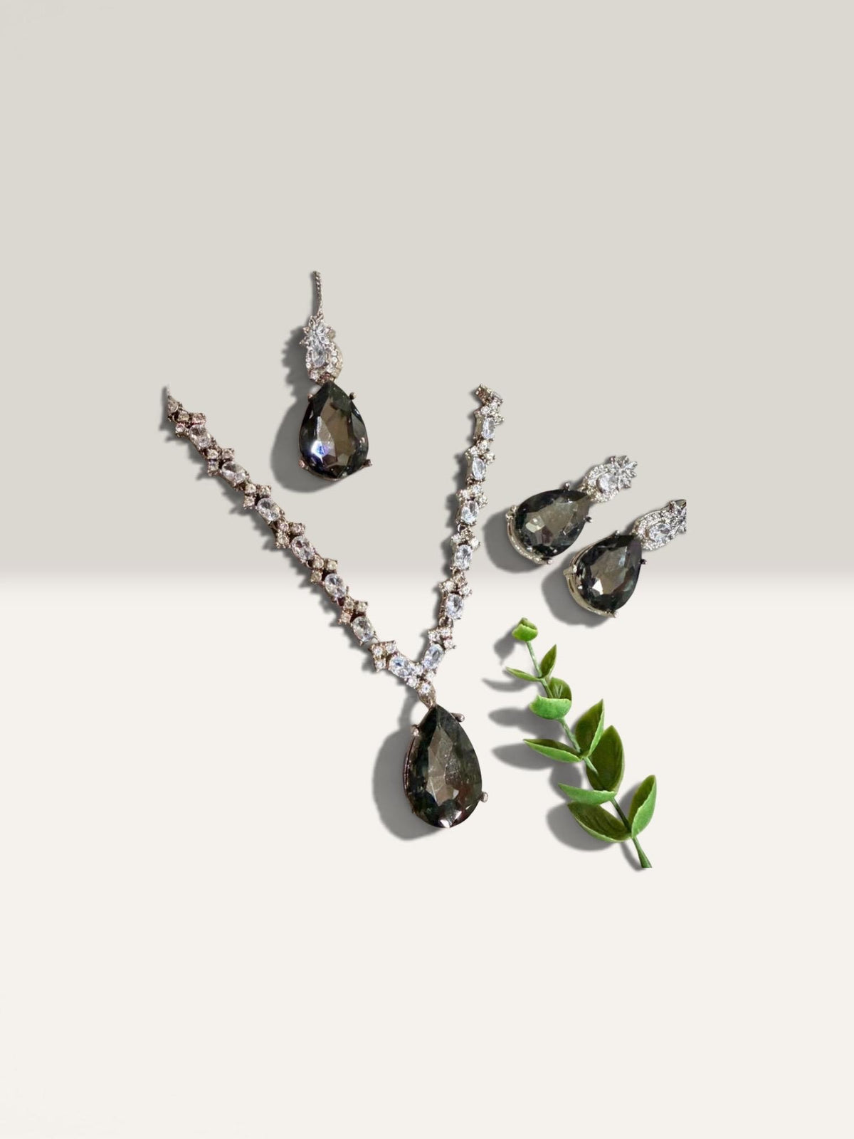 Elegant Necklace Set with Grey /Blue Teardrop and Coordinating Drop Earrings