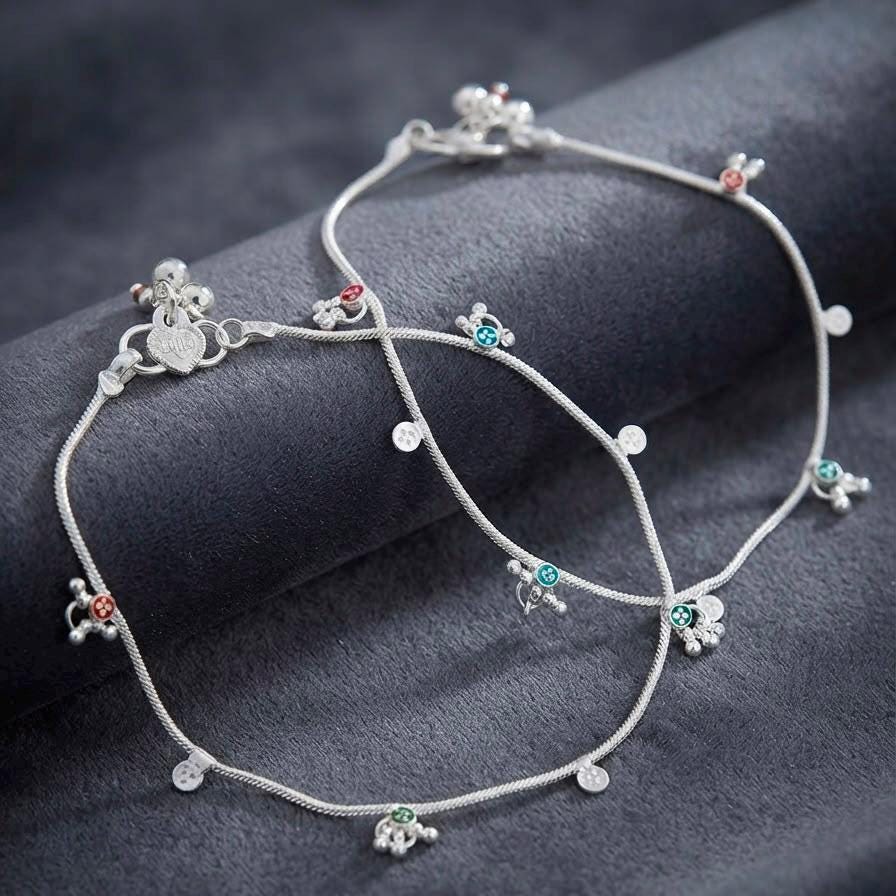 Set of 2 Floral Charm Anklets with Emerald Green and Ruby Pink Accents