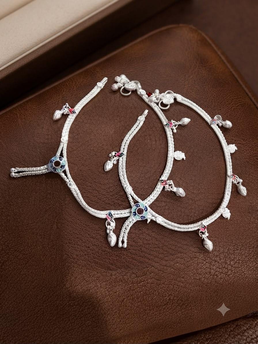Silver tone Indian Payal Anklets with Decorative Stone Details and Dangling Charm