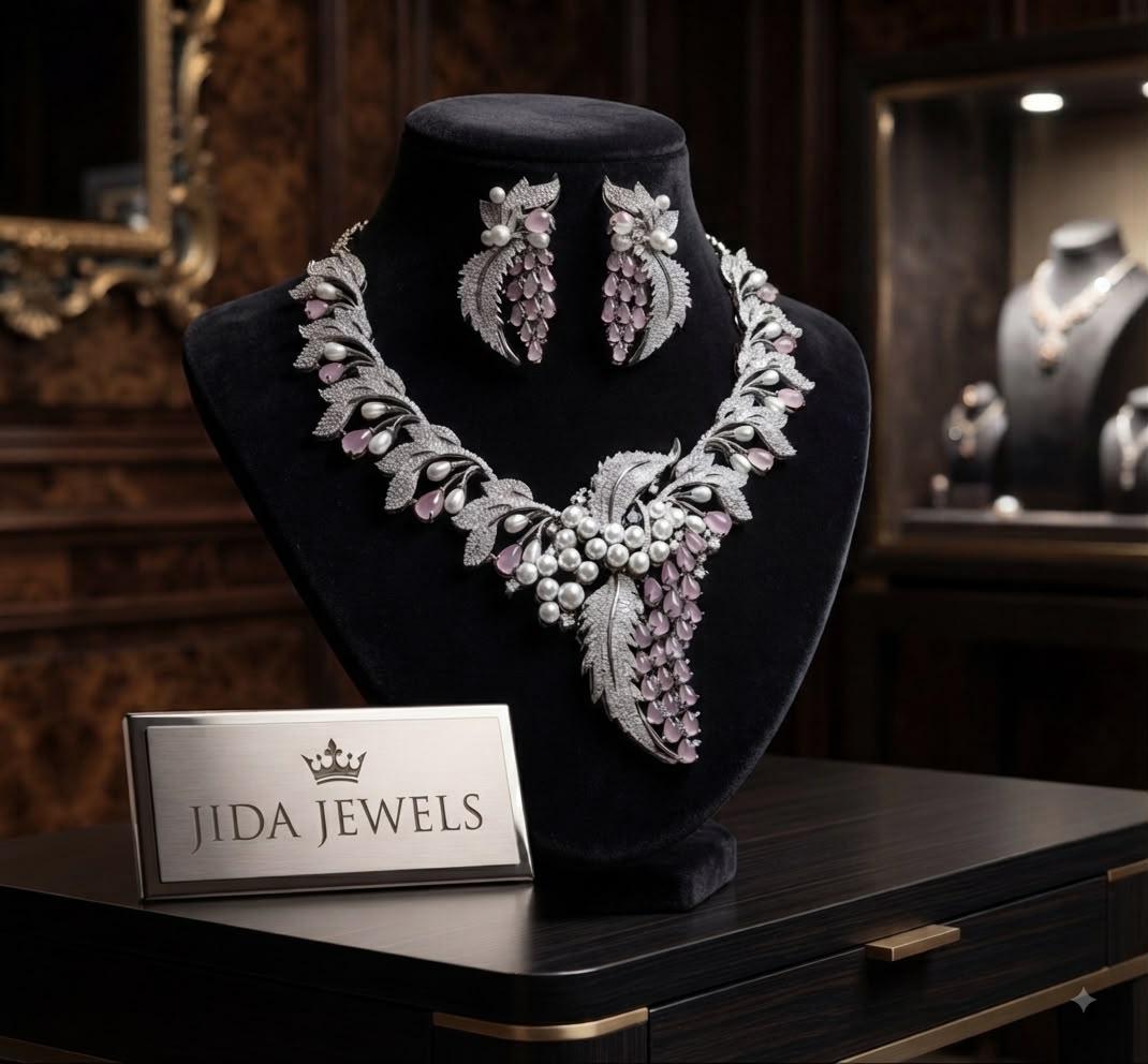 Blush Pink Statement Necklace with Leaf Inspired Details and Accompanying Earrings