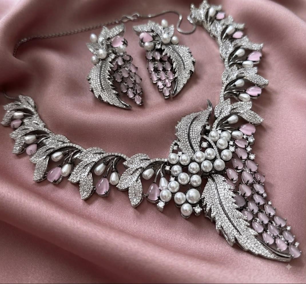 Blush Pink Statement Necklace with Leaf Inspired Details and Accompanying Earrings