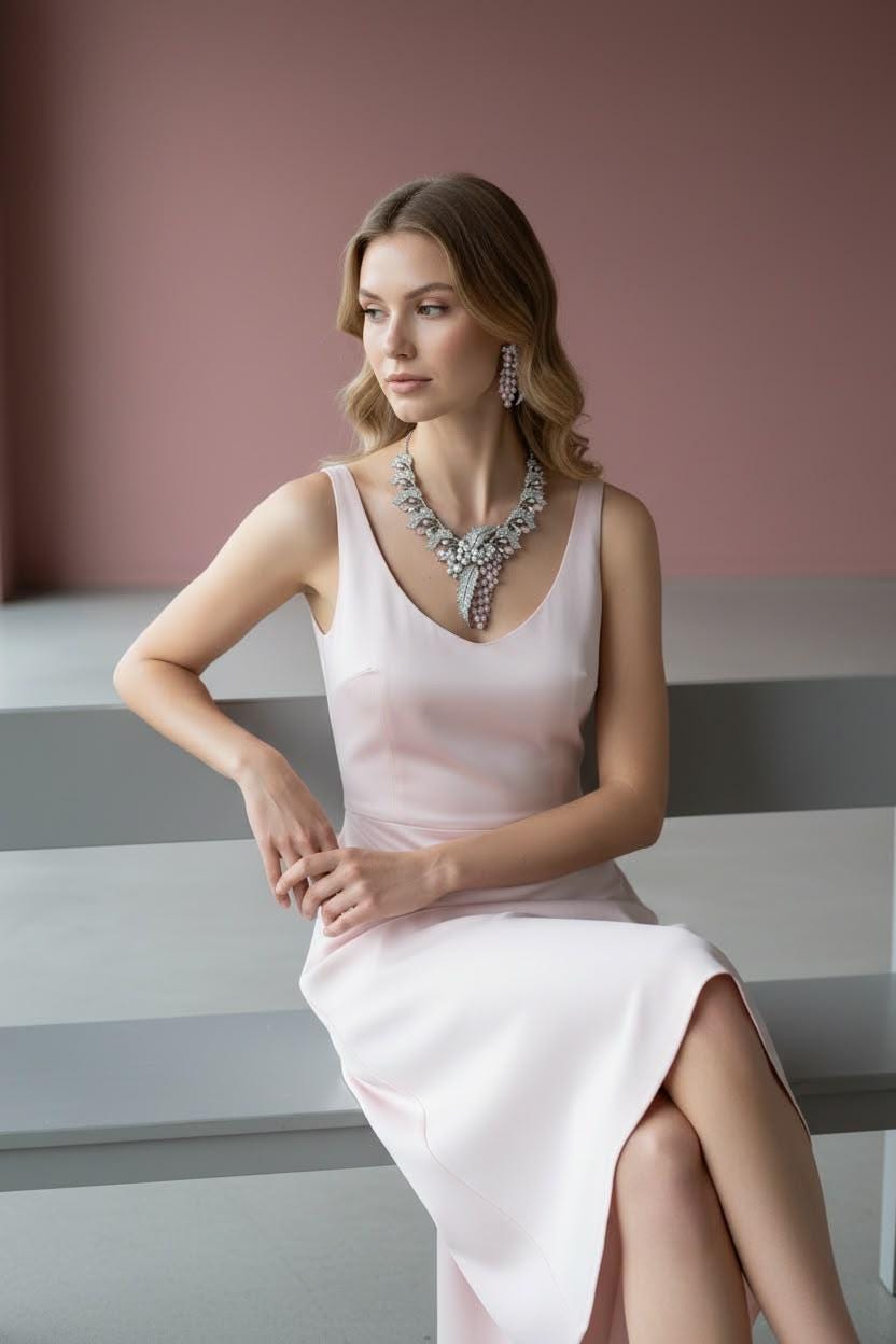 Blush Pink Statement Necklace with Leaf Inspired Details and Accompanying Earrings