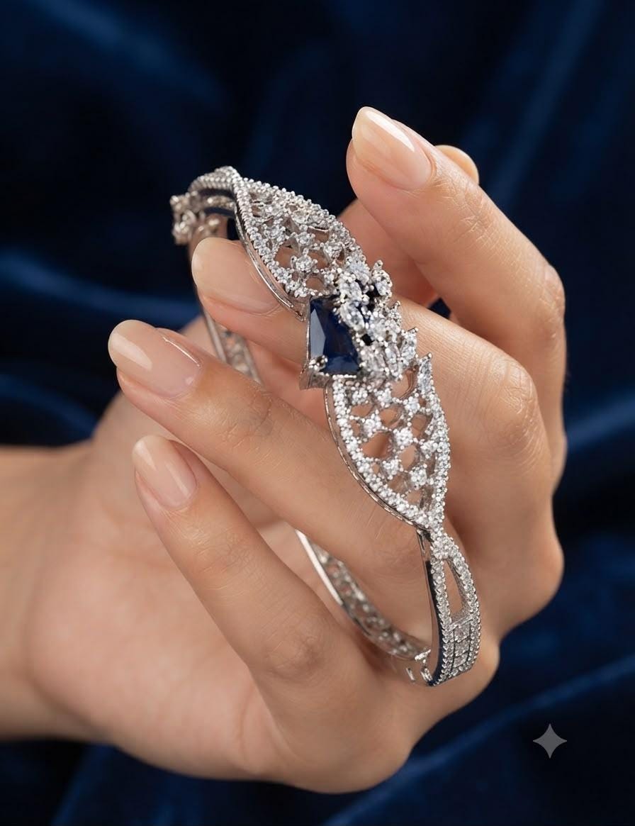 Sleek Openable Bangle/Kara with Elegant Stone Detailing and Rhodium Finish