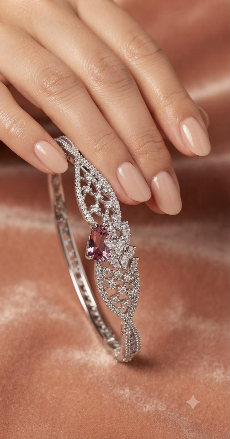 Sleek Openable Bangle/Kara with Elegant Stone Detailing and Rhodium Finish