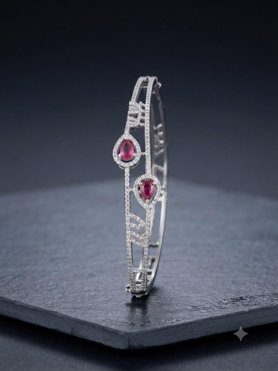 Luxury Rhodium Bangle/Kara Featuring Ruby Pink Stones and a Refined Openable Design