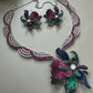 Designer Multicolor Necklace Set with Floral Pendant Matching Earrings and Detailed AD Stone