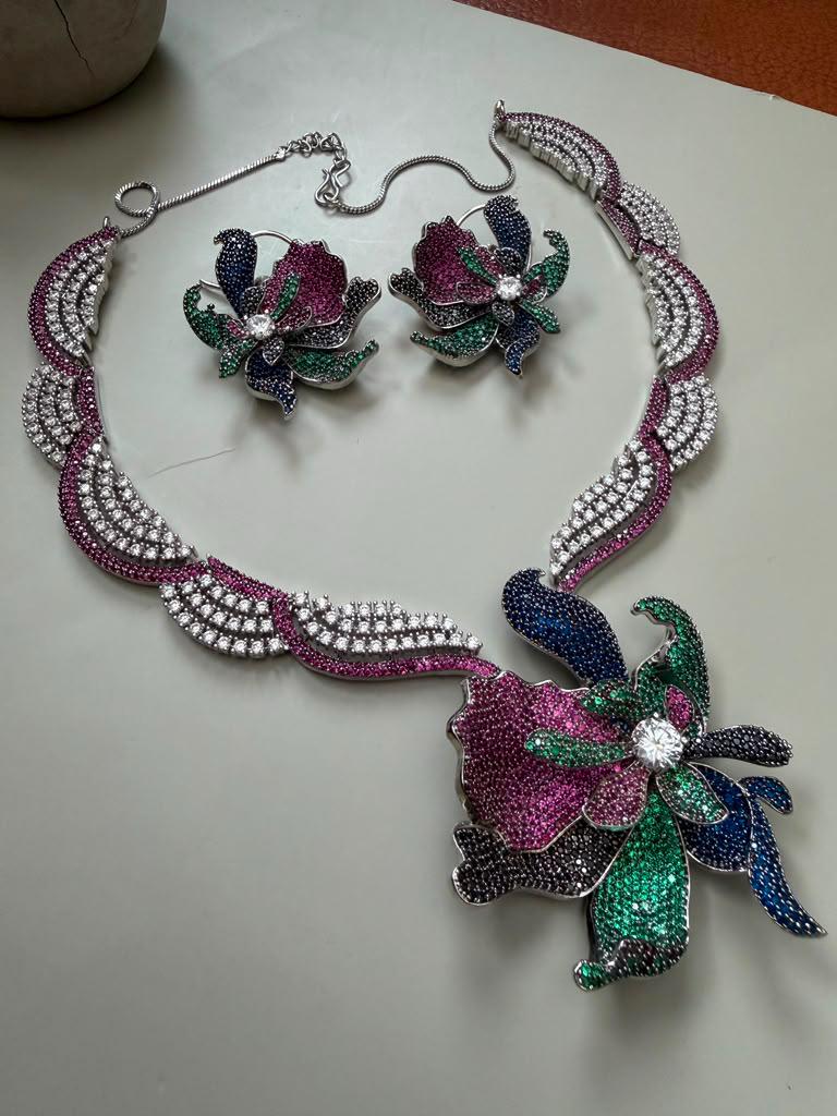 Designer Multicolor Necklace Set with Floral Pendant Matching Earrings and Detailed AD Stone