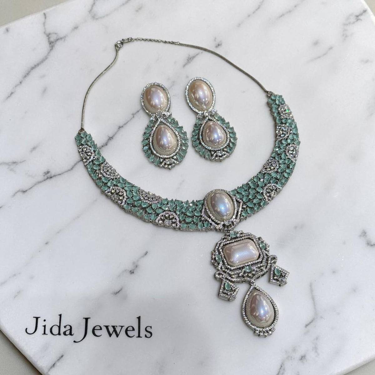 High End Mint Green Statement Necklace with Matching Drop Earrings Cubic Zarconia/ Pearl Designer