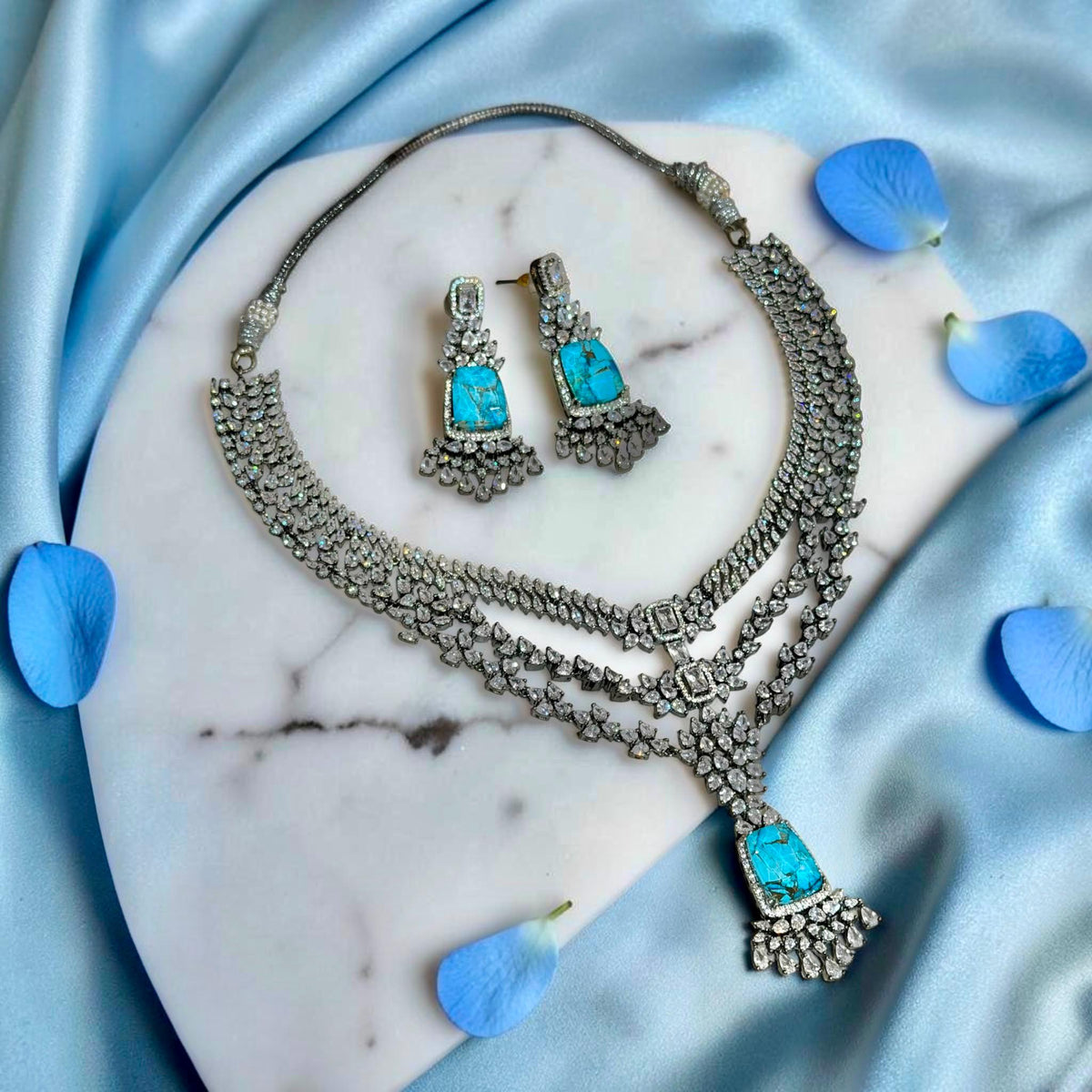 Elegant Highend Designer Victorian Finish Necklace and Earrings Set with Blue Center Marble Stones and Intricate Stones