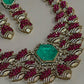 Bold Designer Rare Ruby Pink and Emerald Green Necklace Ensemble with Matching Statement Drop Earrings