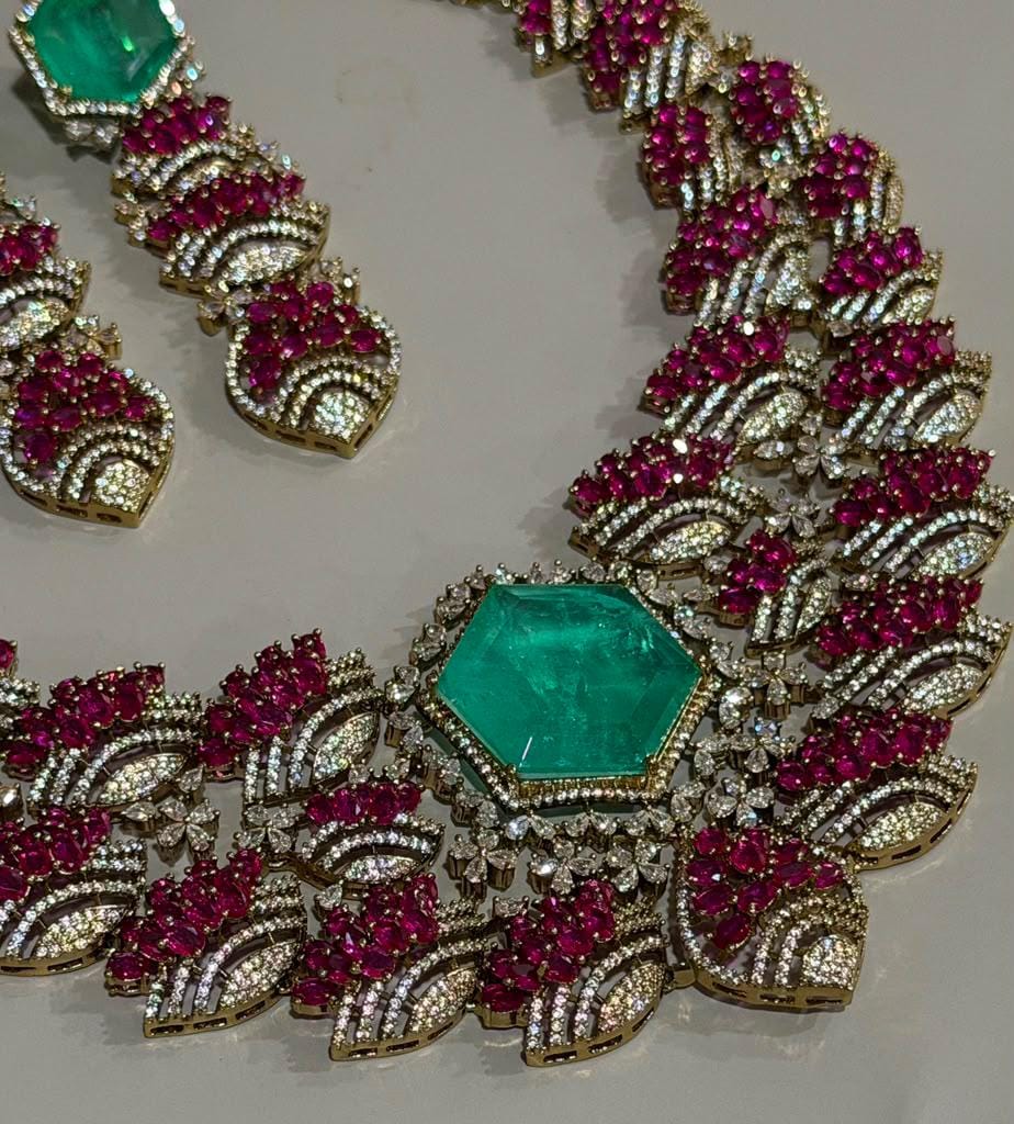 Bold Designer Rare Ruby Pink and Emerald Green Necklace Ensemble with Matching Statement Drop Earrings