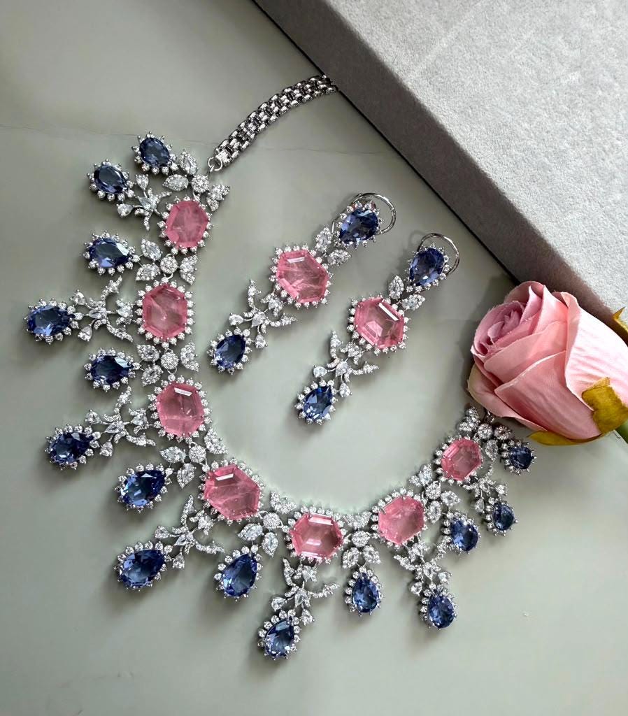 Luxury Statement Necklace with Blush Pink and Lilac Stone Details and Coordinating Drop Earrings
