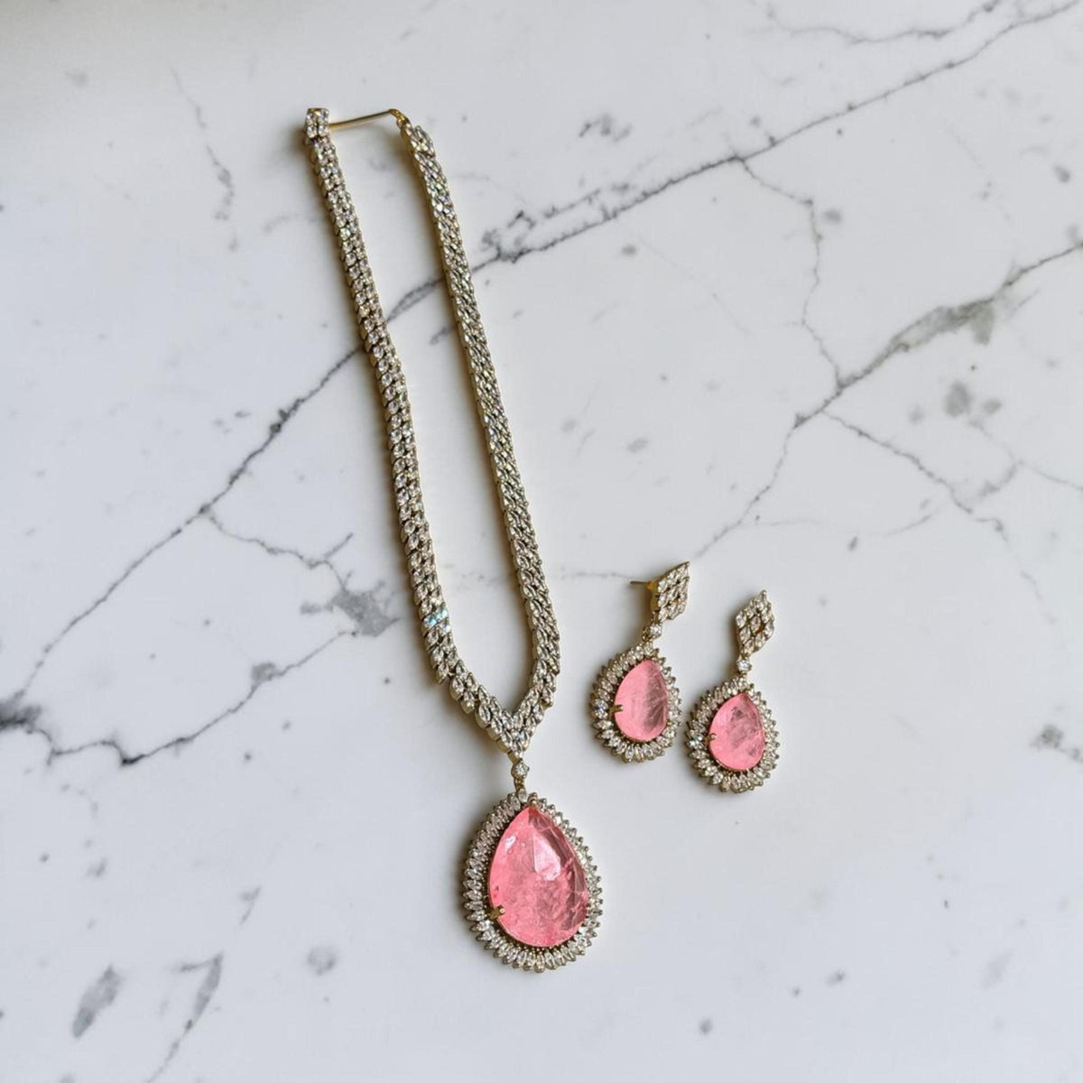 Teardrop high end doublet stone with Cz stones Jewelry set antique finish
