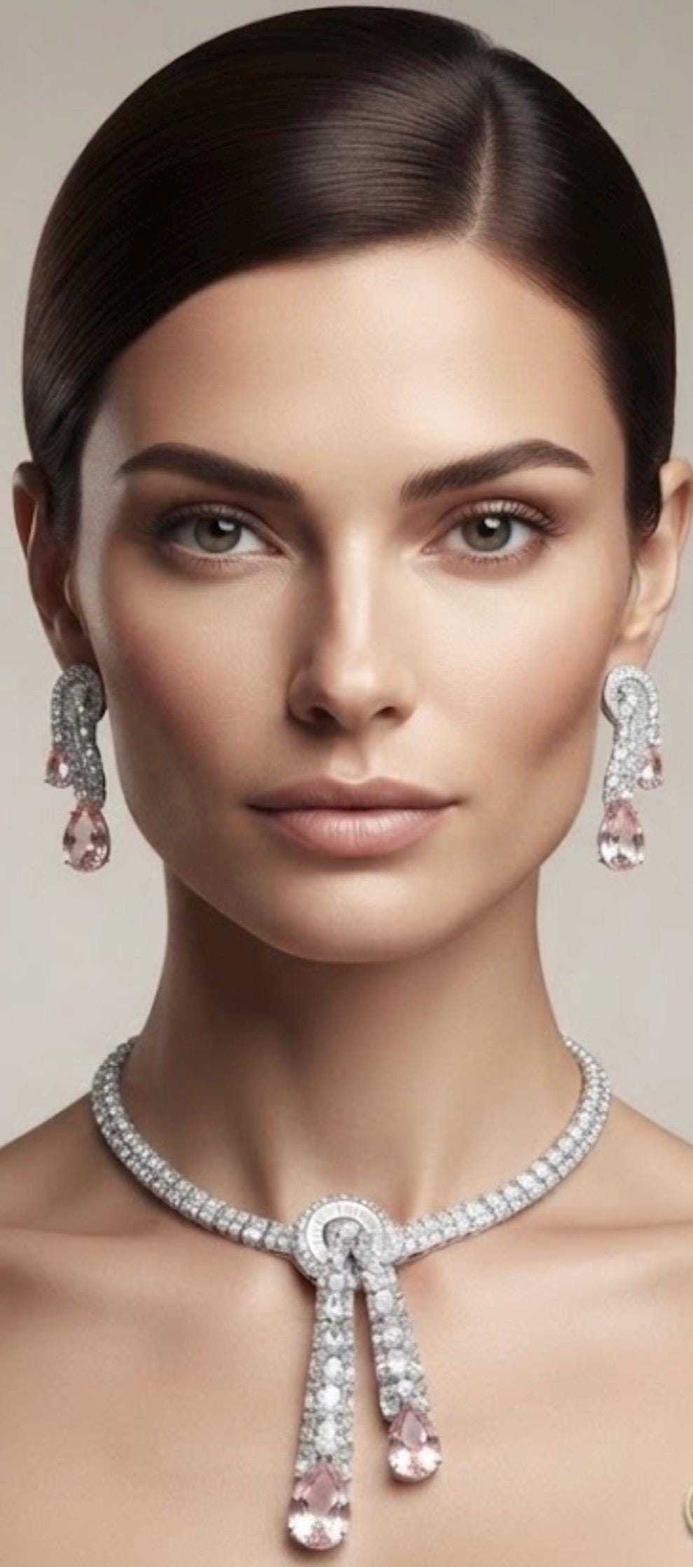 Ornate Blush Pink Necklace and Earrings Set with Layered Decorative Stonework