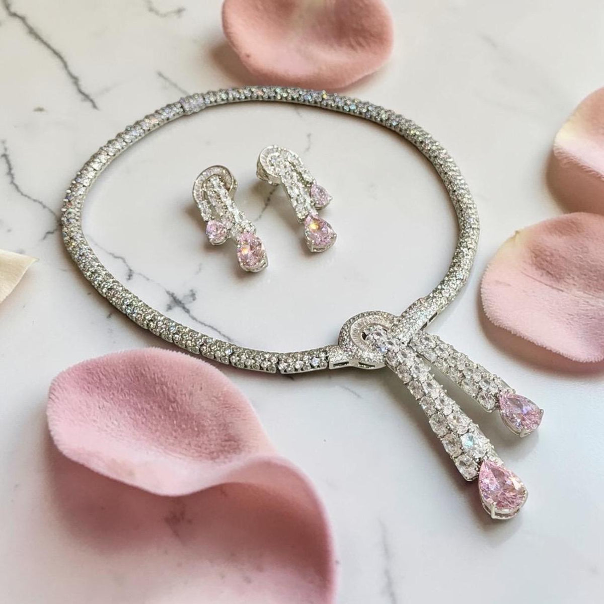Ornate Blush Pink Necklace and Earrings Set with Layered Decorative Stonework