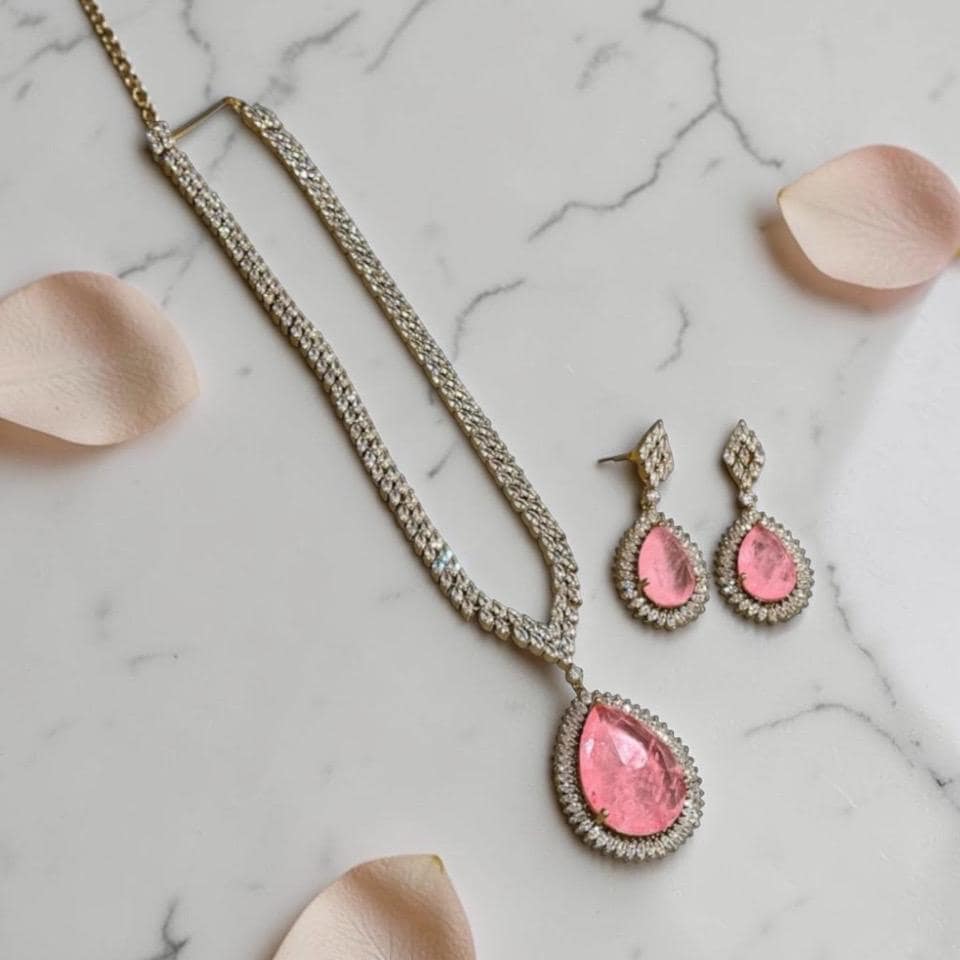 Teardrop high end doublet stone with Cz stones Jewelry set antique finish