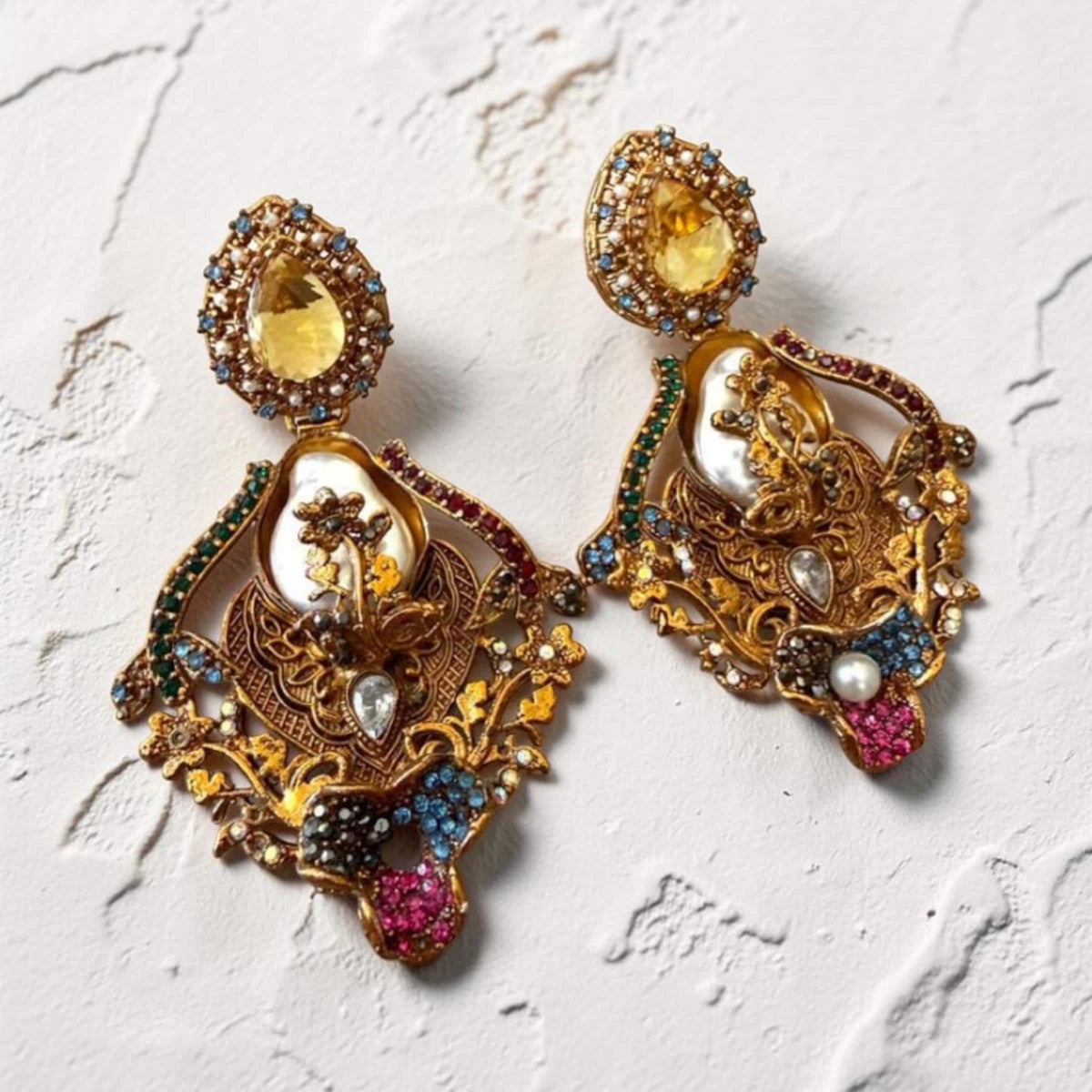 Embellished Statement Earrings with Yellow Teardrop Stones and Intricate Multicolor Detailing