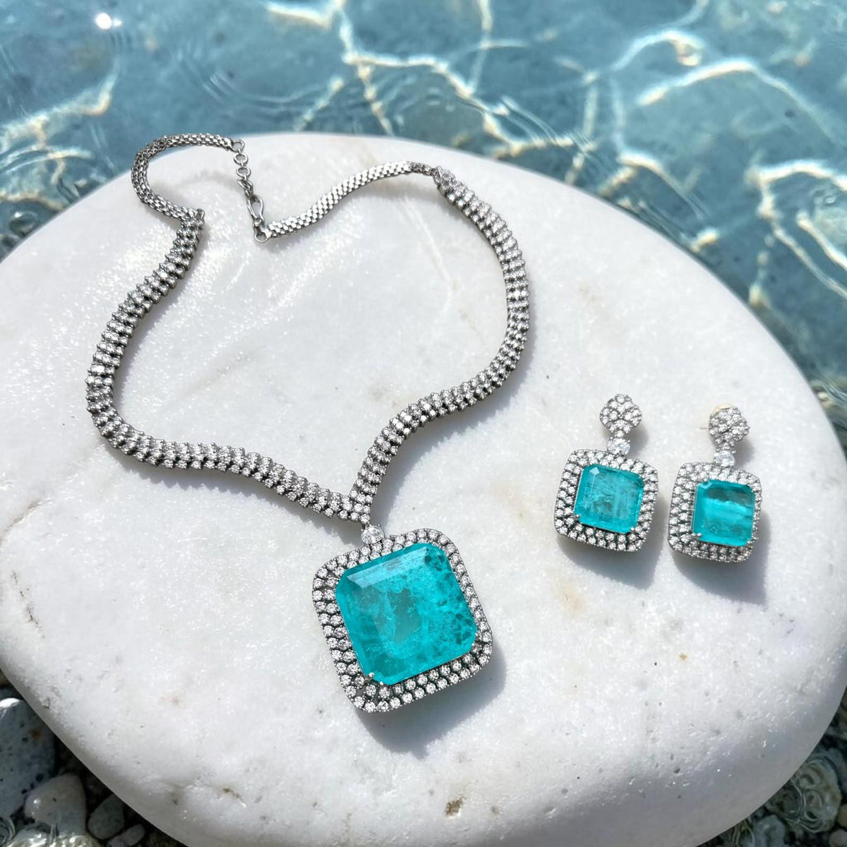 High-End Doublet Statement Necklace and Earrings Set with AD Stone Detailing