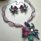 Designer Multicolor Necklace Set with Floral Pendant Matching Earrings and Detailed AD Stone