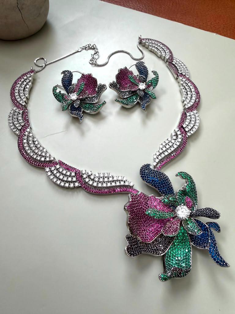 Designer Multicolor Necklace Set with Floral Pendant Matching Earrings and Detailed AD Stone