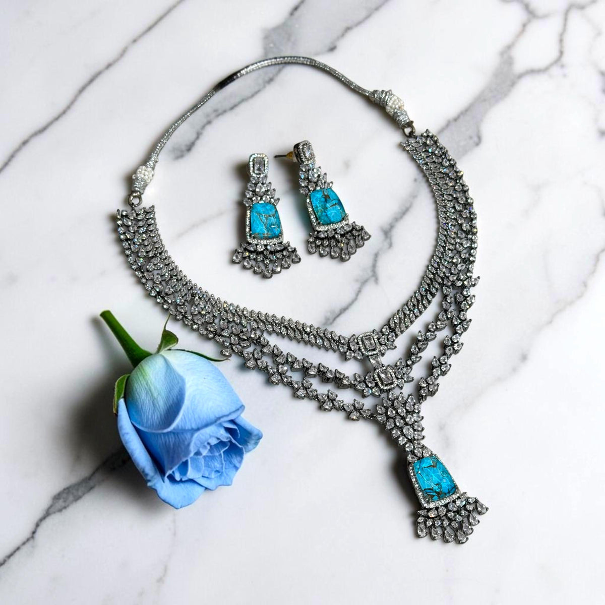 Elegant Highend Designer Victorian Finish Necklace and Earrings Set with Blue Center Marble Stones and Intricate Stones