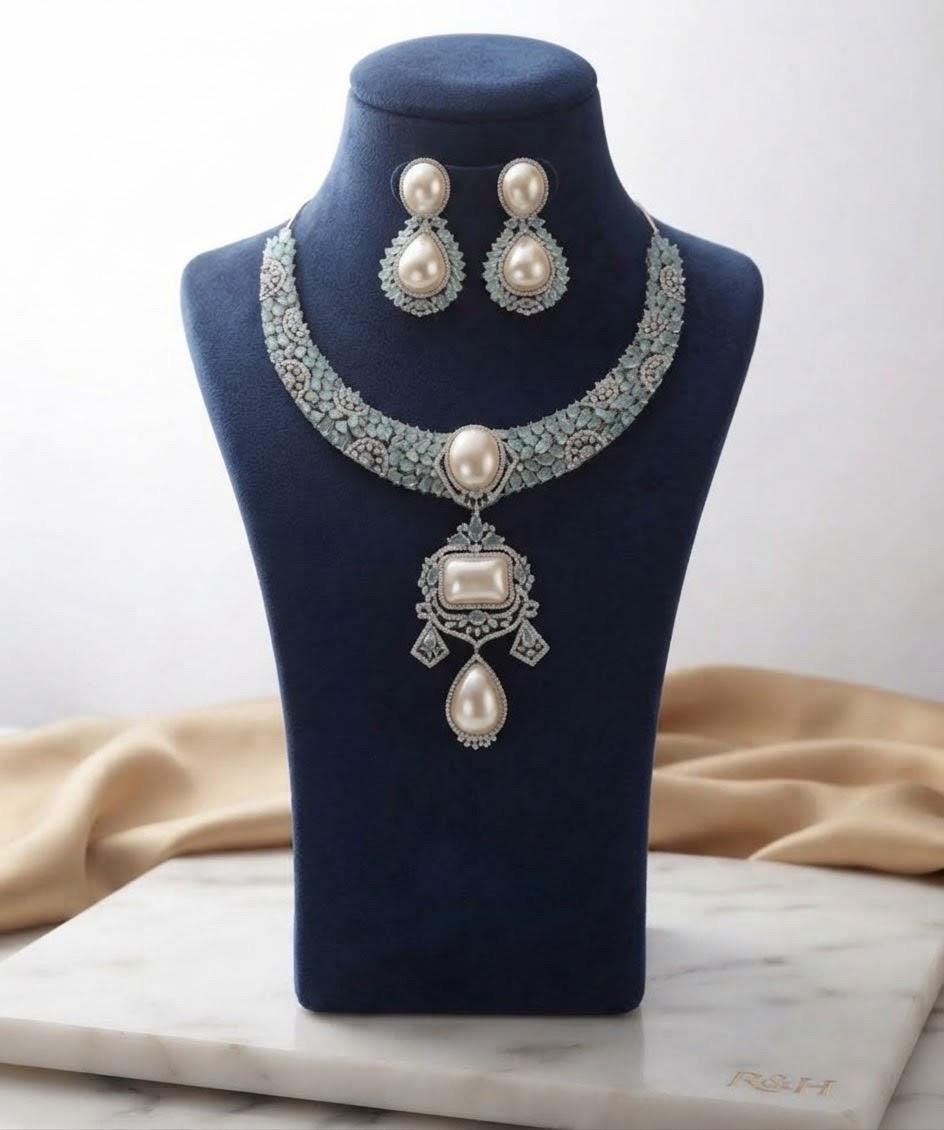 High End Mint Green Statement Necklace with Matching Drop Earrings Cubic Zarconia/ Pearl Designer