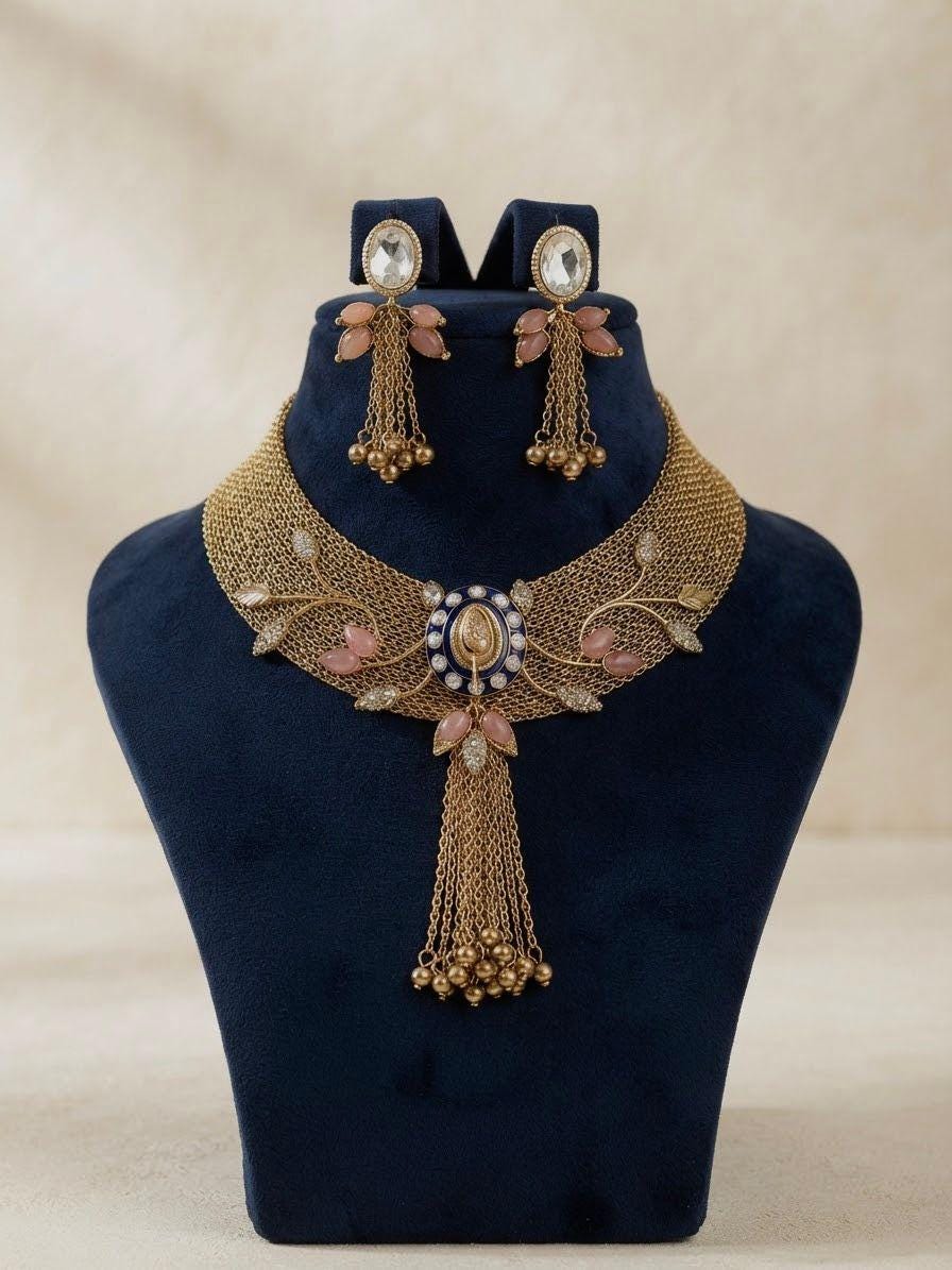 Statement Designer Choker/Necklace and Earrings Set Featuring Woven Chain