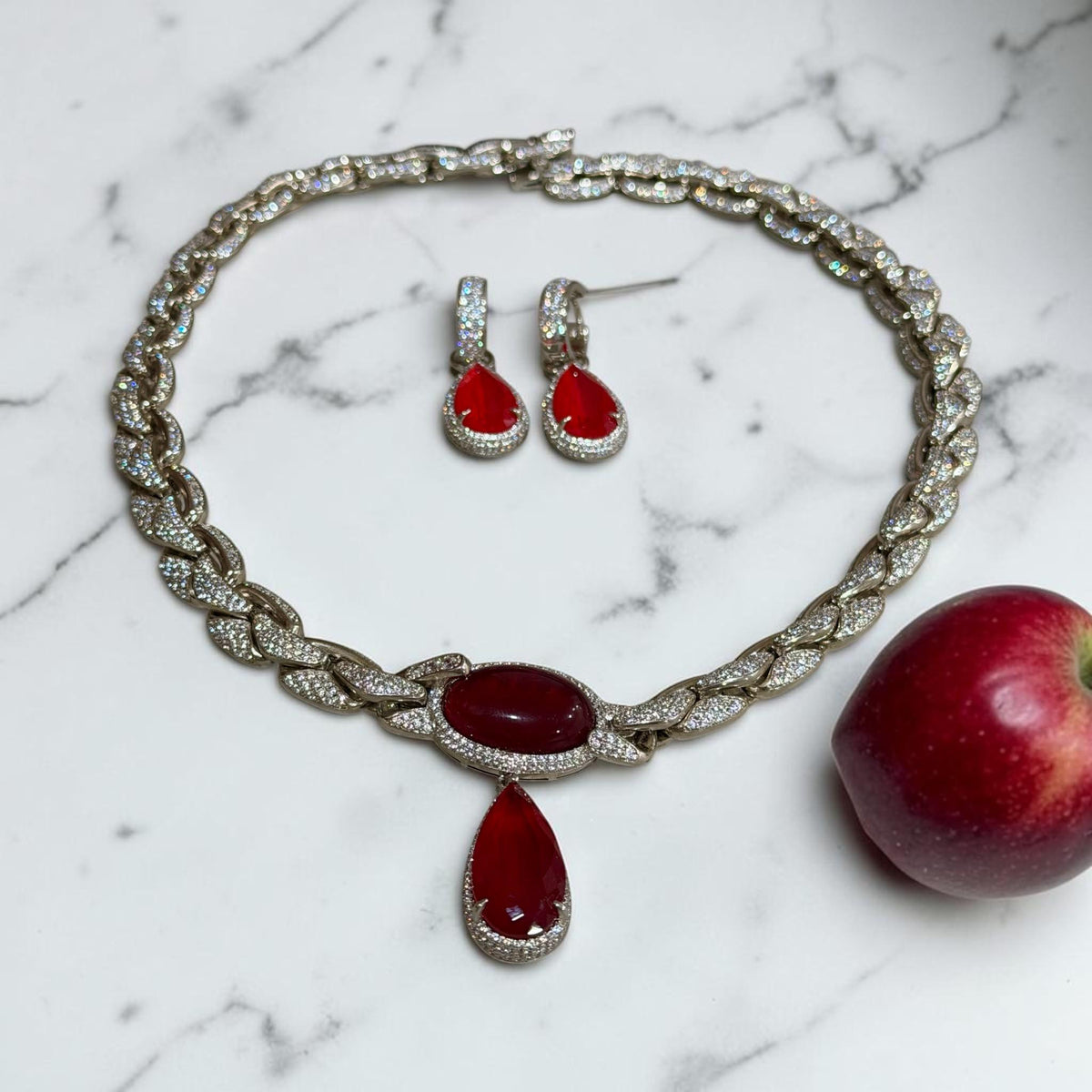 Elegant Designer Rare Red Necklace and Earrings Set With Intricate Micro AD Stones Link Design