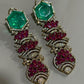 Bold Designer Rare Ruby Pink and Emerald Green Necklace Ensemble with Matching Statement Drop Earrings