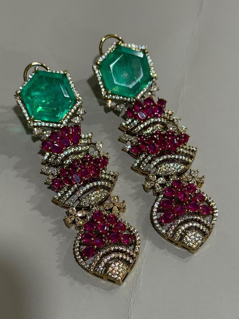 Bold Designer Rare Ruby Pink and Emerald Green Necklace Ensemble with Matching Statement Drop Earrings