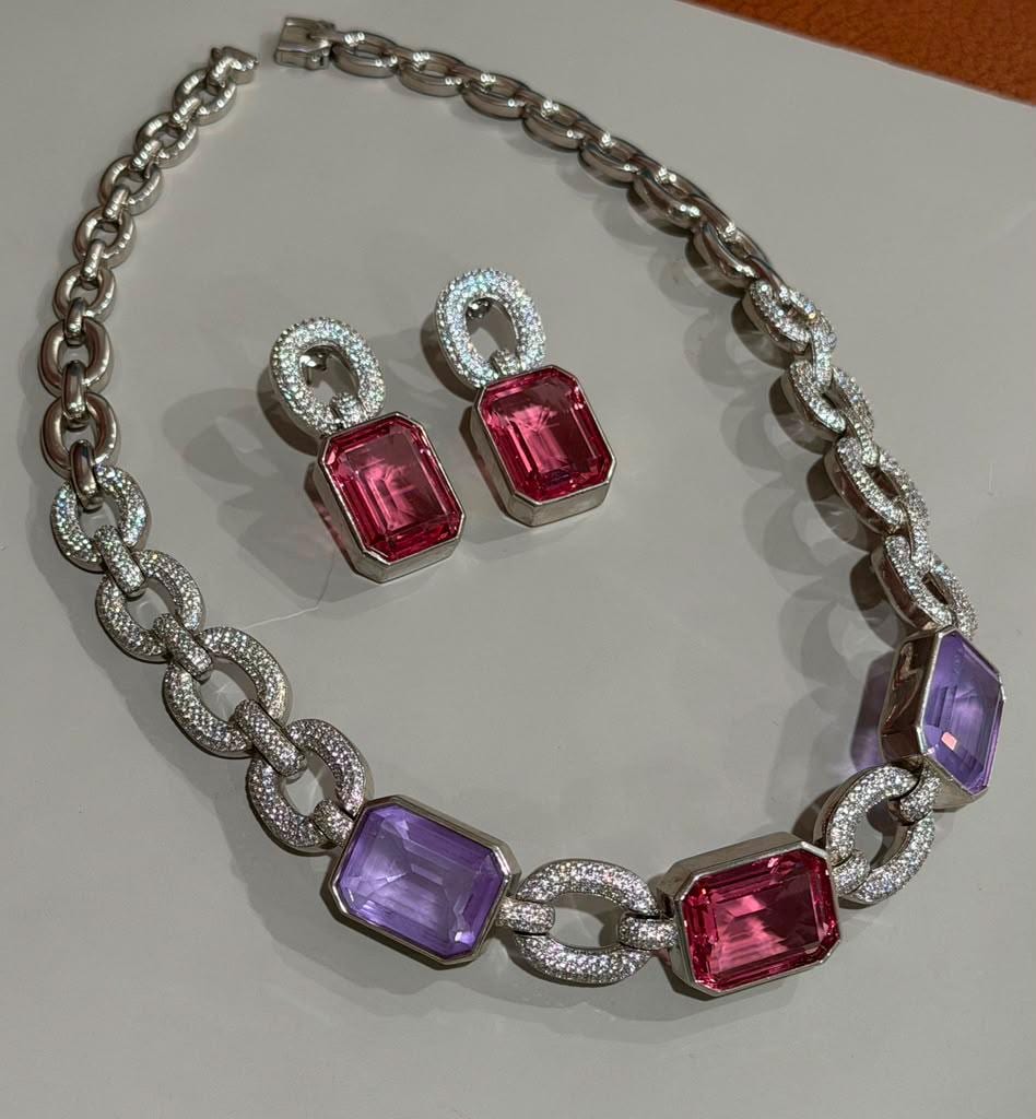 Rhodium Finish Rare Designer Necklace Set with Ruby Pink and Purple Micro Cz Stones for Styling