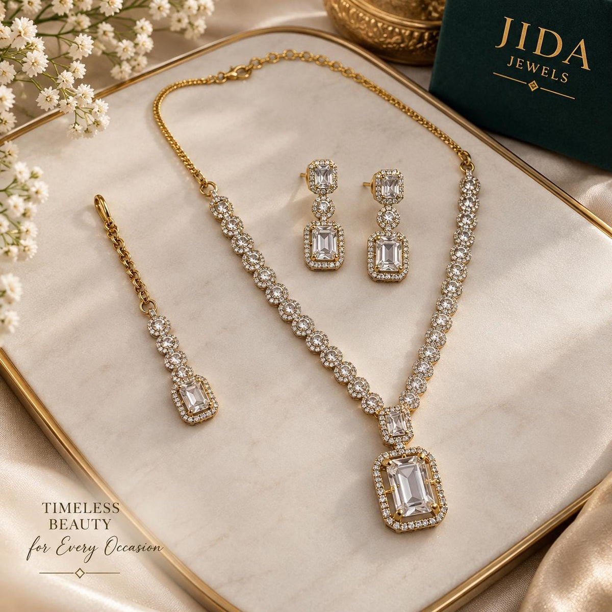 Statement Pendant Necklace with Coordinating Earrings and Maang Tikka Set
