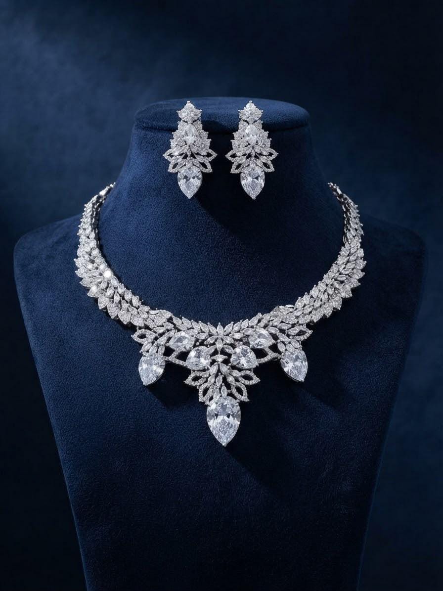 Delicate CZ Necklace Set Featuring a Rhodium Coating