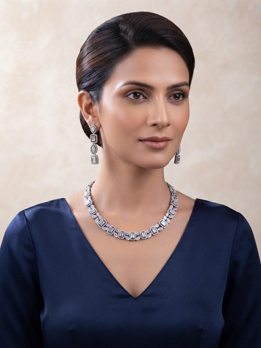High Shine Cubic Zirconia Jewelry Set with Rhodium Plating
