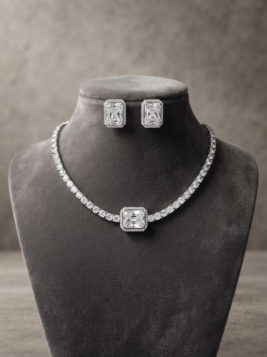 Luxury Rhodium Plated Cubic Zirconia Necklace Set Bold Statement Jewelry