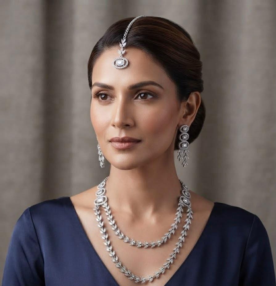 Rhodium Plated Cubic Zirconia Necklace Set Bold Statement Jewelry With Maang Tikka