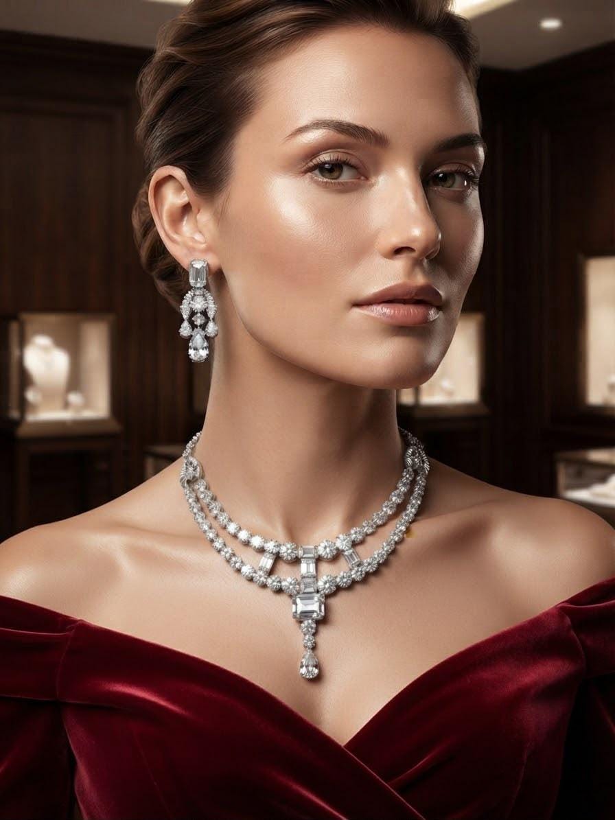 High End Rhodium Finish Necklace Jewelry Set with Matching Chandelier Earrings