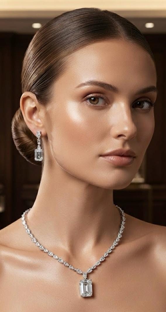 High End Necklace Jewelry Set in Rhodium Finish with Matching Earrings