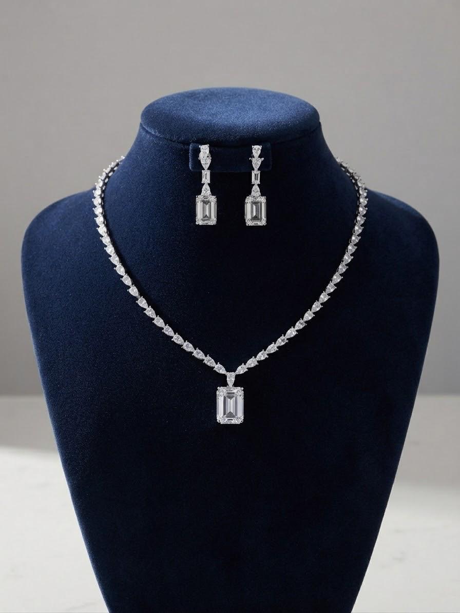 High End Necklace Jewelry Set in Rhodium Finish with Matching Earrings