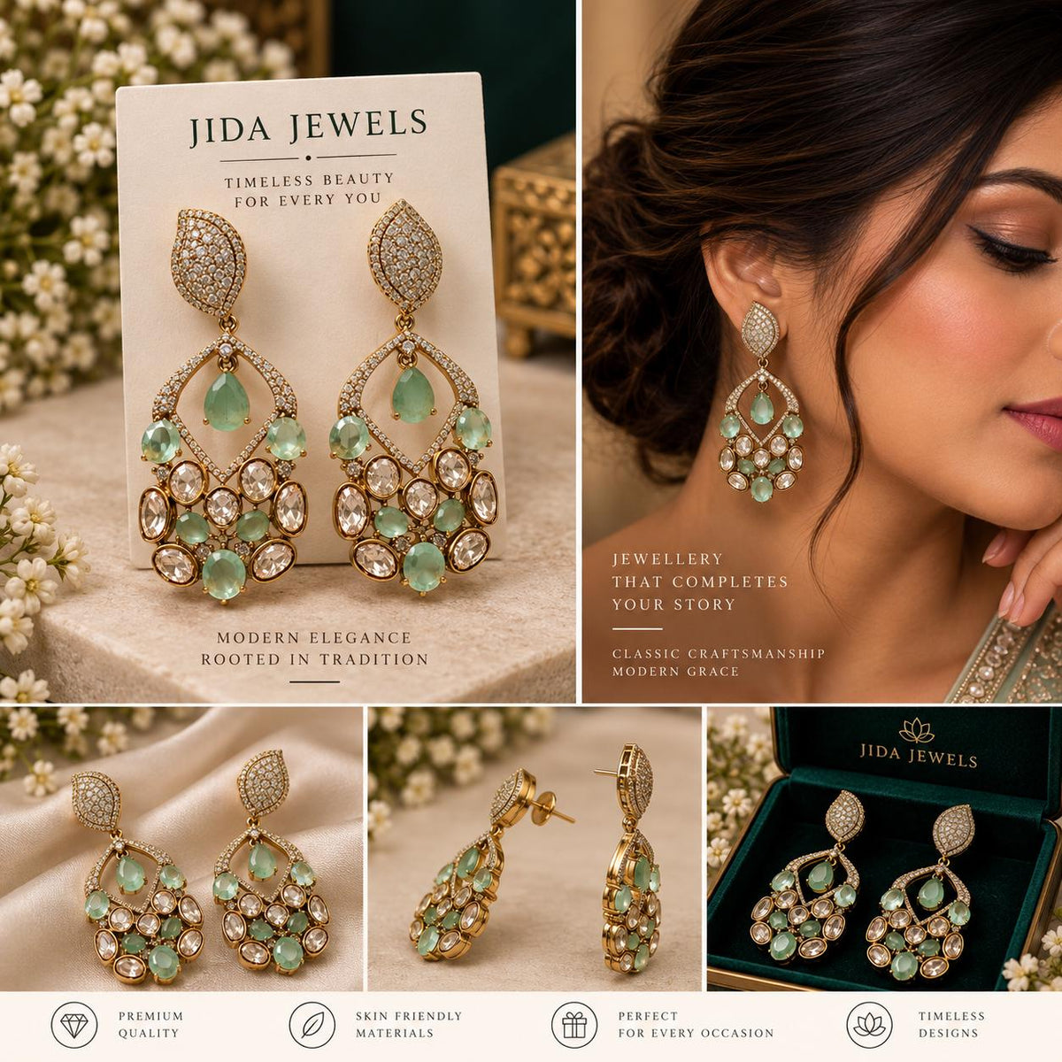 Mint Green Kundan Drop Earrings, Gold Tone Statement Earrings