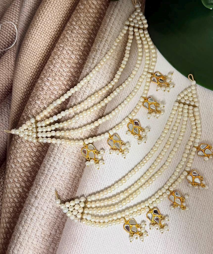 Multi Strand Pearl Forehead Headpiece with White Stones Gold Finish Traditional Ethnic Head Jewelry