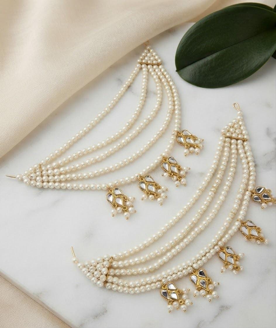 Multi Strand Pearl Forehead Headpiece with White Stones Gold Finish Traditional Ethnic Head Jewelry