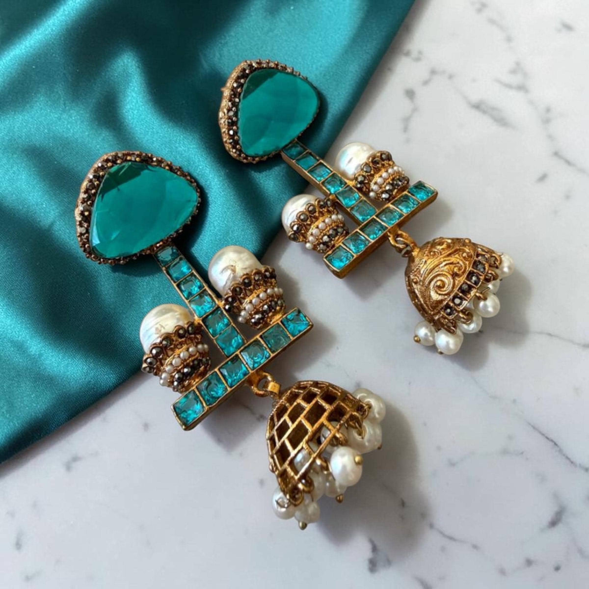 Statement designer Jhumka Earrings Featuring Turquoise Glass Stones Pearl Accents and Gold Finish Craftsmanship