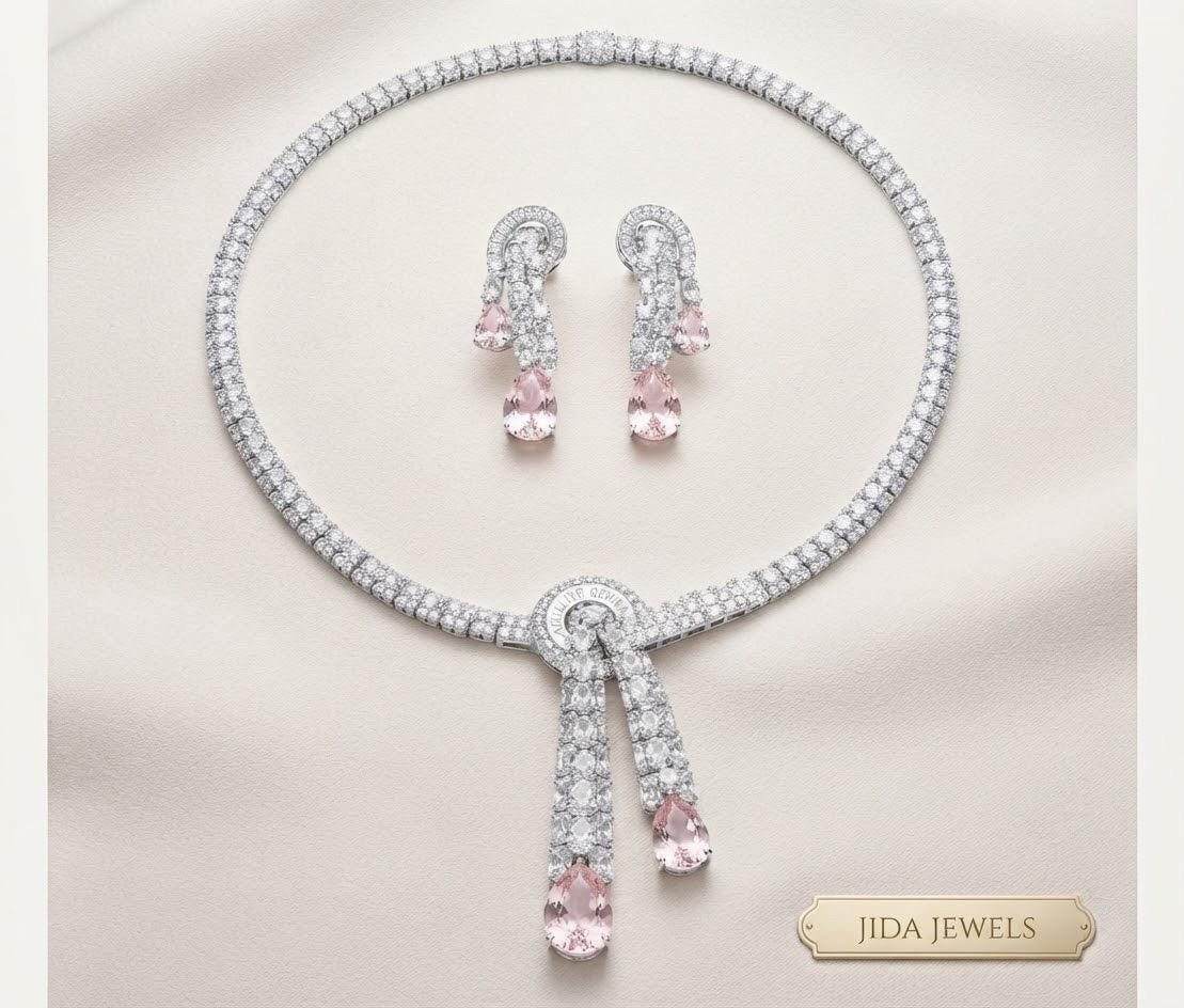 Ornate Blush Pink Necklace and Earrings Set with Layered Decorative Stonework