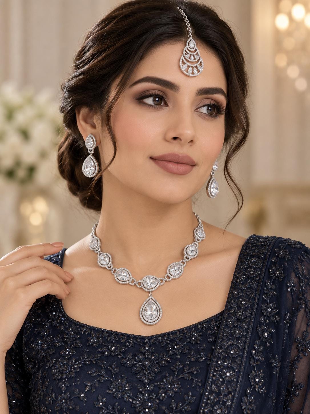 Mesmerizing Cubic Zirconia Jewelry Ensemble with Rhodium Finish and Elegant Drop Earrings