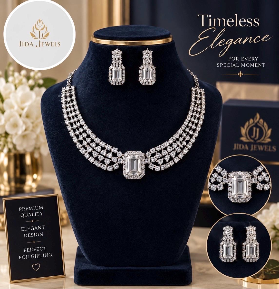 Rhodium Finish Choker Necklace Jewelry Set with Matching Emerald Cut Earrings