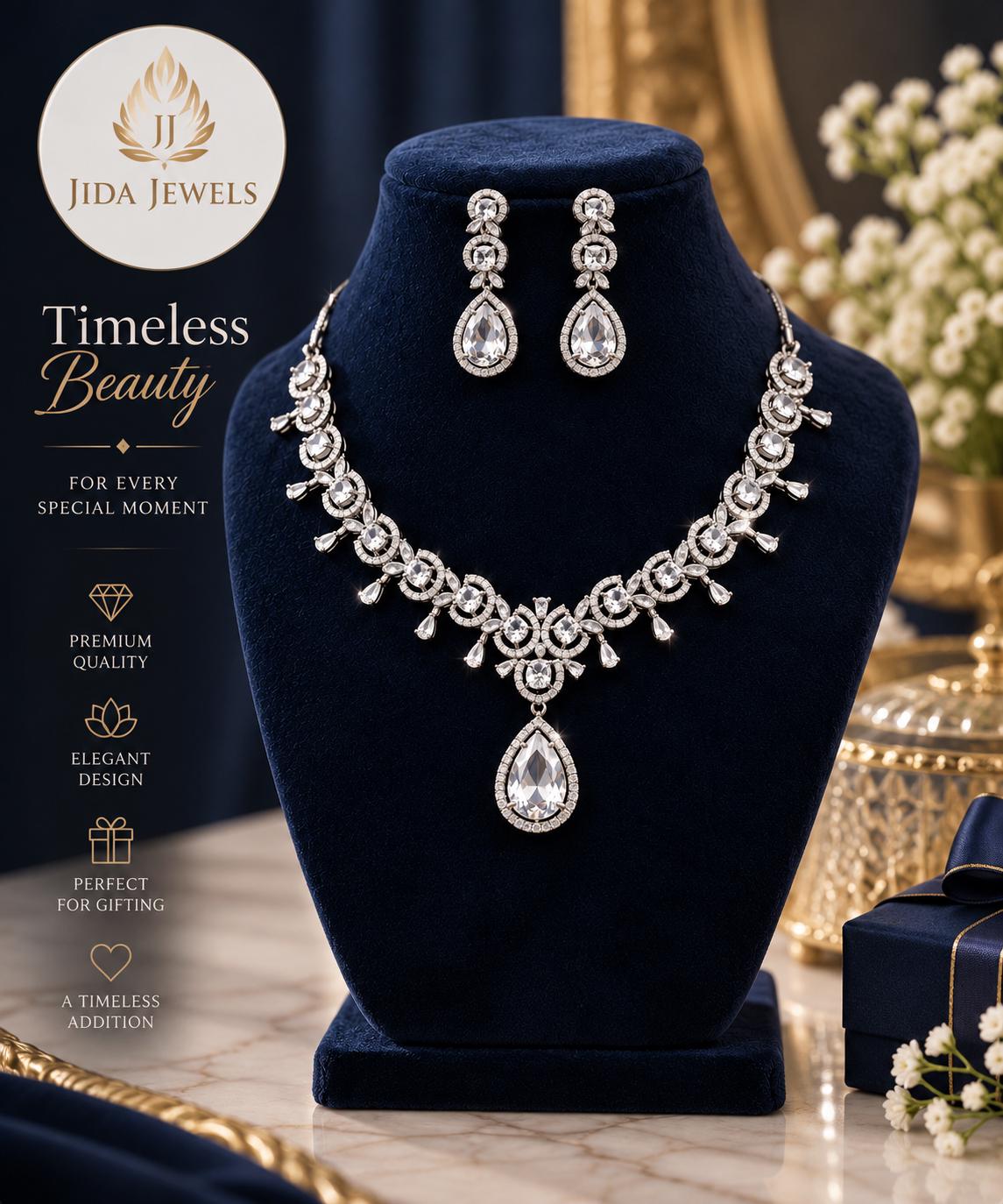 Regal Radiance Cubic Zirconia Jewelry Set with Rhodium Finish Statement Necklace Set