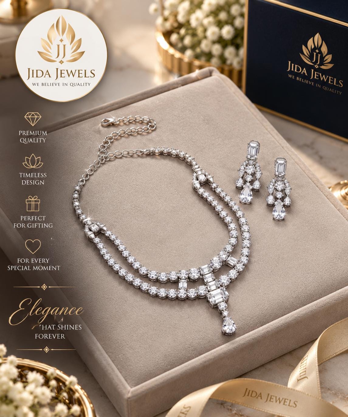 High End Rhodium Finish Necklace Jewelry Set with Matching Chandelier Earrings